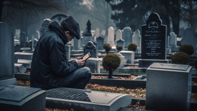 A man sitting in a graveyard holding a phone