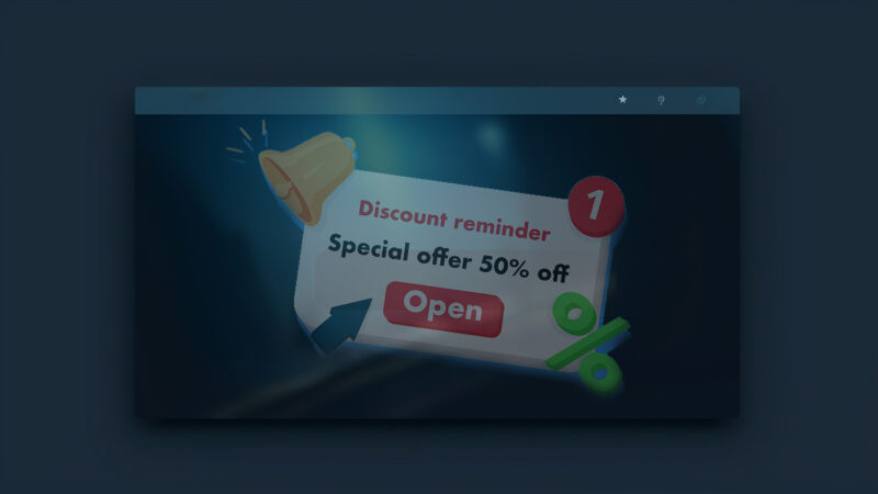 website browser window with a pop-up ad showing discounts and alert icons