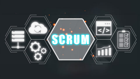 SCRUM label surrounded by development icons
