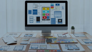Digital and paper wireframe designs for web or mobile app UI